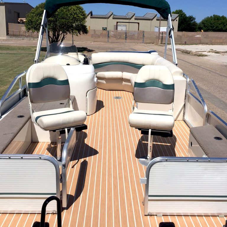 DuraVinyl striped woven vinyl flooring installed on a pontoon
