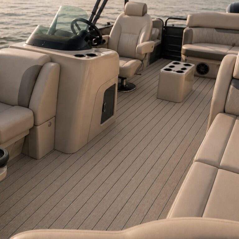 MariDeck Ultra Woven vinyl flooring installed on a pontoon